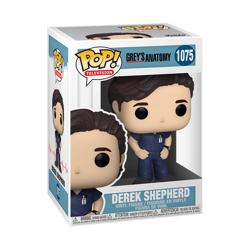 Funko Pop! Television Grey's Anatomy vinyl figure of Derek Shepherd, number 1075, in its original white and blue packaging box.