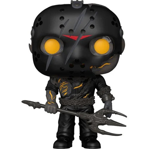 Black figurine with yellow eyes and a weapon on a white background