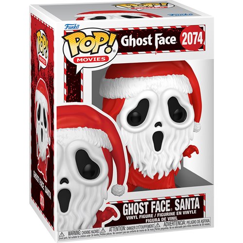 Funko Pop! Movies Ghost Face Santa vinyl figure in its original window box packaging, featuring the character with a white skull face, black eyes, and a red Santa hat and coat.