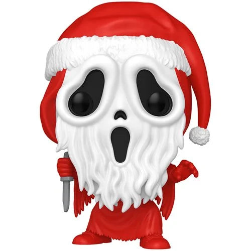 A Funko Pop! vinyl figure of Ghostface dressed as Santa Claus, featuring a red Santa suit, white beard, and Santa hat, holding a knife, on a solid white background.