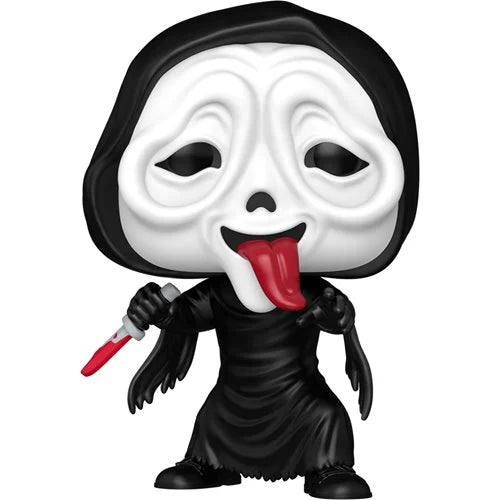 Funko Pop! vinyl figure of a character with a white face, black mask, and red tongue, holding a red object on a white background.