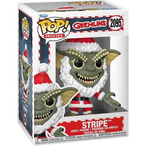 Funko Pop! Movies Gremlins Stripe vinyl figure in its original retail box, number 2095. The figure depicts a green gremlin with large eyes, wearing a Santa hat and striped red and white outfit.