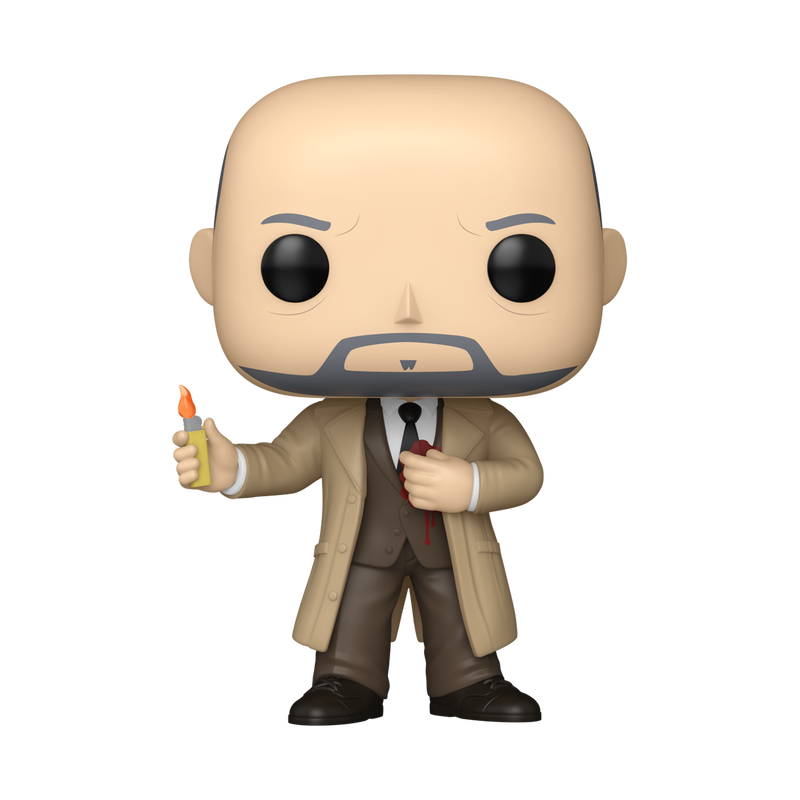 A stylized vinyl figure of a bald man with a gray beard, wearing a beige trench coat over a brown suit, holding a small yellow object with a flame, shown on a plain white background.