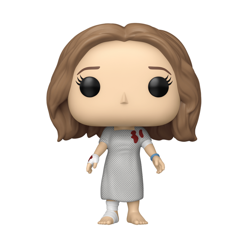 A stylized vinyl figure of a woman with brown hair, large black eyes, and a white dress with red bloody accents, shown on a plain white background.