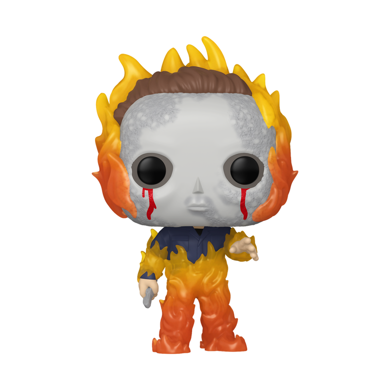 A stylized vinyl figure of a character with a gray skull-like face, brown hair, orange and yellow flame effects around the head and body, and red tear-like details, shown on a plain white background.