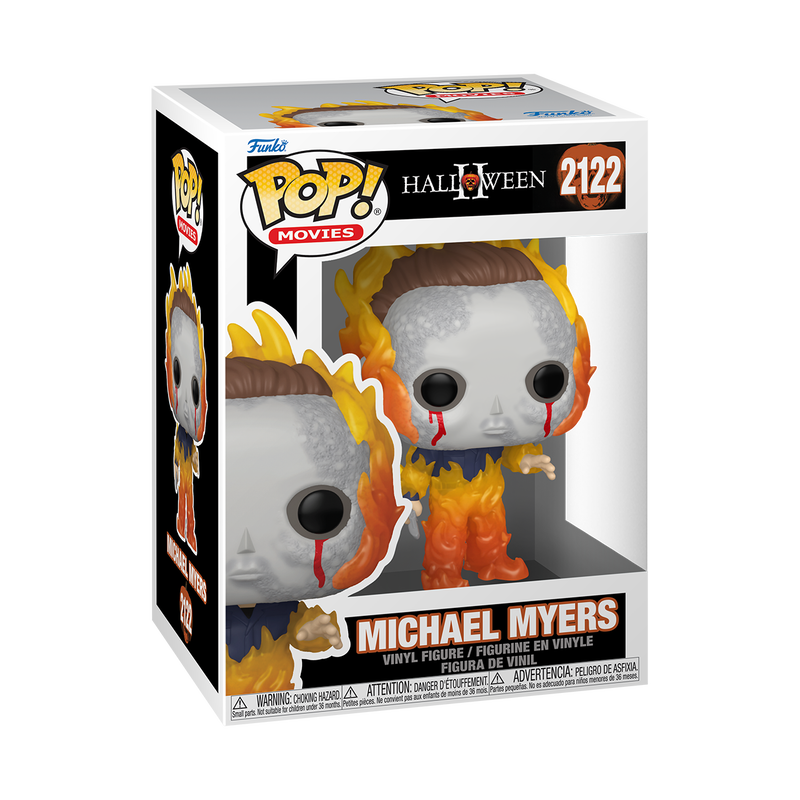Funko Pop! Movies Michael Myers vinyl figure in its original window box packaging, featuring the character with flaming hair and blood on a white background.