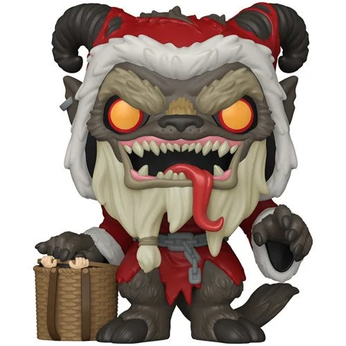 Funko Pop! vinyl figure of a monstrous Santa-like creature with dark gray fur, white beard, red clothing, and glowing orange eyes, holding a small gift basket against a plain white background.