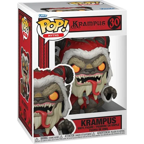 Funko Pop! Myths Krampus vinyl figure number 30 in its original retail box. The figure depicts Krampus dressed in a Santa hat, with a long snout, glowing orange eyes, and sharp teeth.