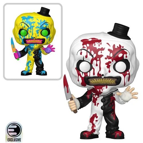 Two stylized figures, one yellow with blue patterns and green eyes, the other white with red blood splatter and a knife, on a white background.