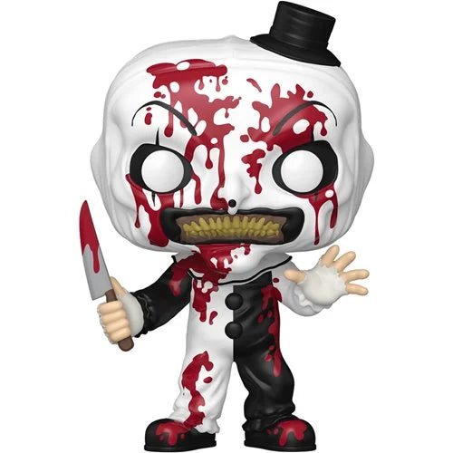 Funko Pop! vinyl figure with a white head, red blood splatter, black top hat, and holding a knife on a white background.