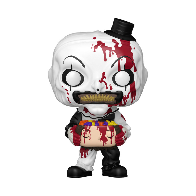 Horror-themed figurine with white face, black eyes, and red accents on a white background
