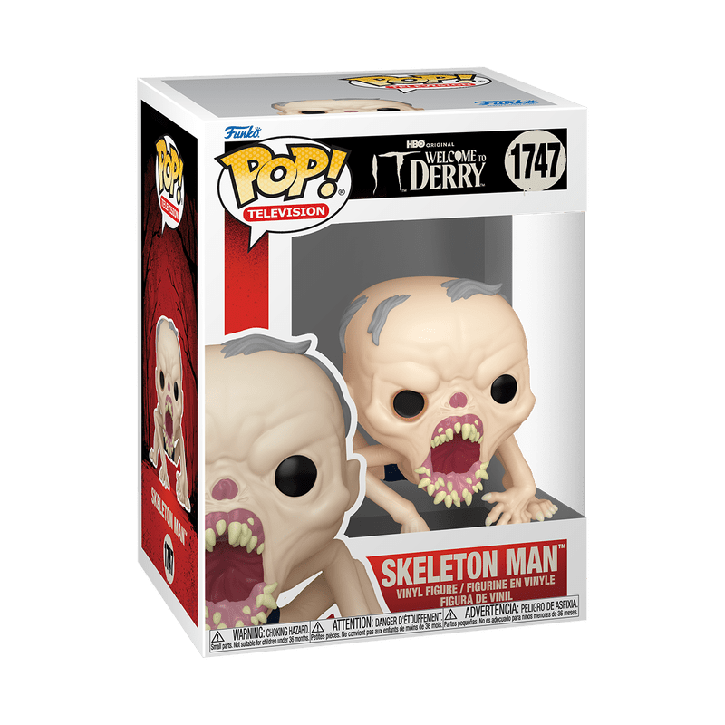 Funko Pop! vinyl figure packaging of a skeleton man from 'Welcome to Derry' with visible branding.