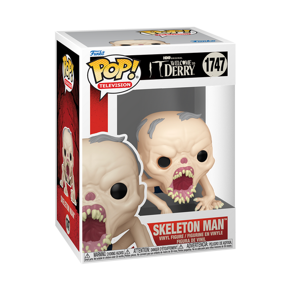 Funko Pop! vinyl figure packaging of a skeleton man from 'Welcome to Derry' with visible branding.