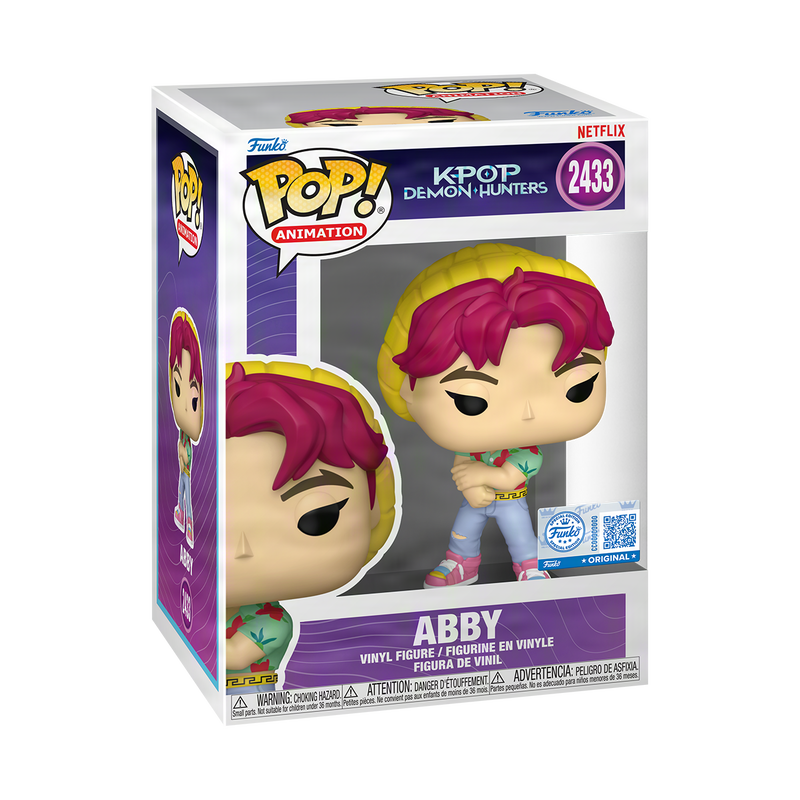 Official Funko POP! KPop Demon Hunters Abby #2433 vinyl collectible with stylized character design.