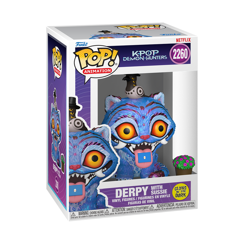 Official Funko POP! KPop Demon Hunters Derpy with Sussie Vinyl Figure #2260 displayed in its branded window box for collectors.