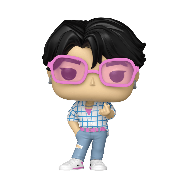 Funko POP KPop Demon Hunters Jinu vinyl figure wearing pink glasses blue checkered shirt and jeans