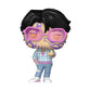 Figurine with black hair, pink glasses, and a checkered outfit on a white background