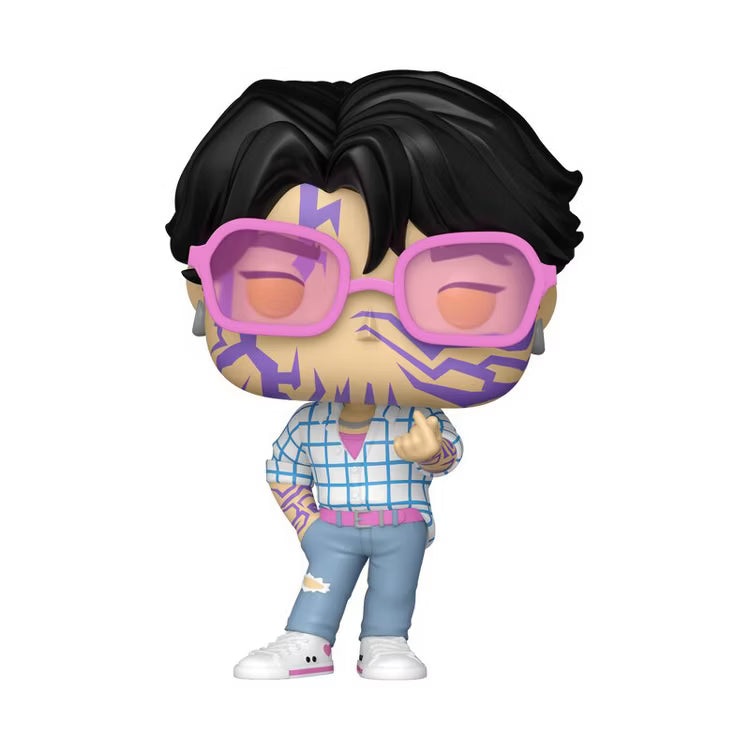 Figurine with black hair, pink glasses, and a checkered outfit on a white background