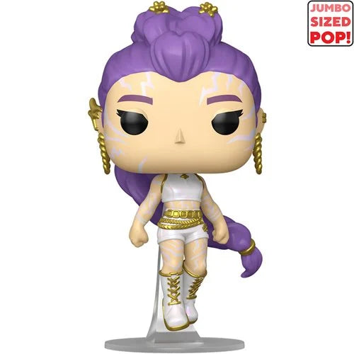 Funko Pop! vinyl figure of a purple-haired female character with gold accessories and a white outfit, standing on a clear display base against a white background. A 'JUMBO SIZED POP!' badge appears in the top right corner.