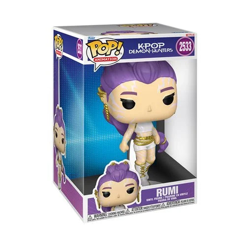 Funko Pop! Animation vinyl figure of Rumi from K-pop Demon Hunters, number 2533, in its original packaging. The figure has purple hair, white and gold outfit details, and is displayed inside a purple and blue window box.
