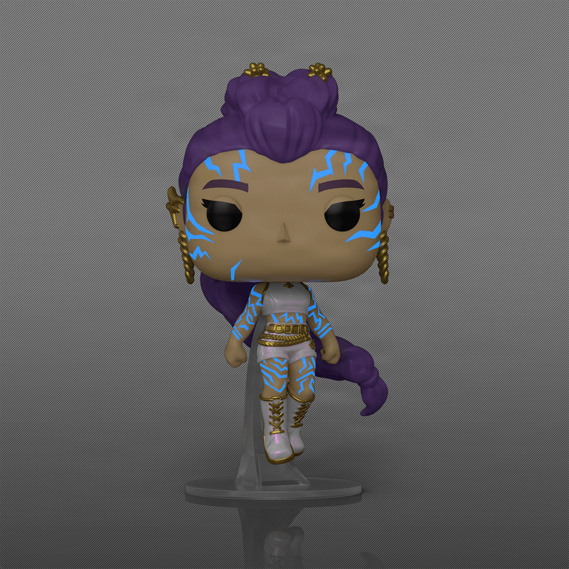 Funko POP! KPop Demon Hunters Rumi CHASE Vinyl Figure #2430 wearing her performance outfit with glowing purple demon markings in a collector display box.