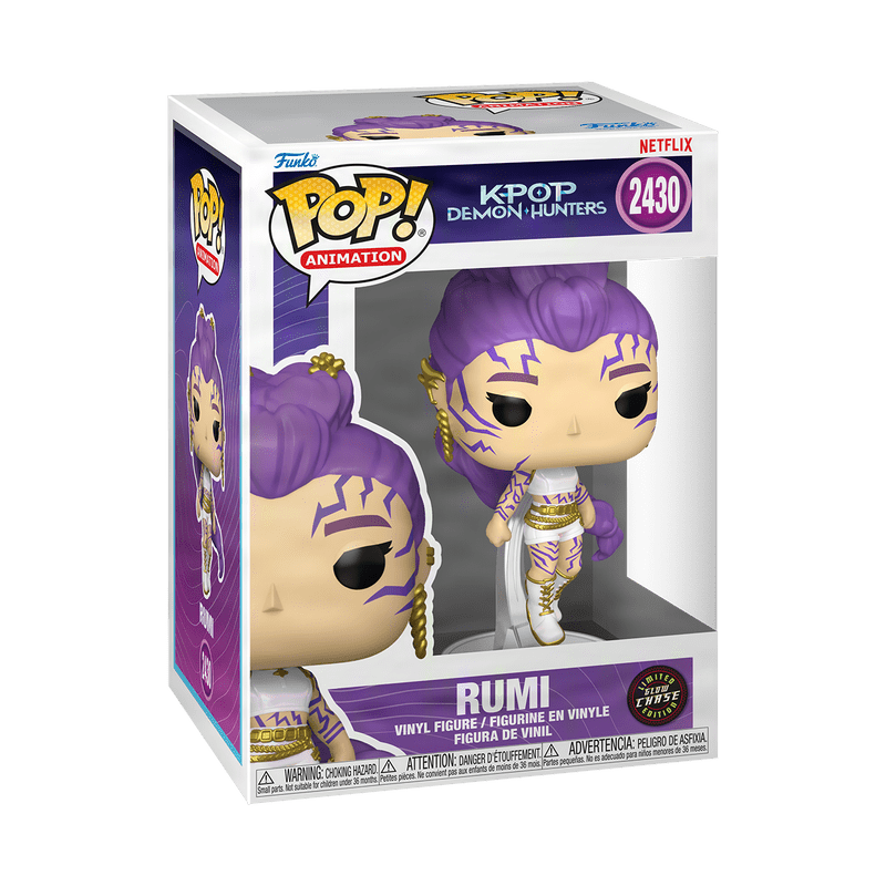 Close-up of Funko POP! KPop Demon Hunters Rumi CHASE #2430 vinyl figure featuring the rare glow variant with purple facial markings.