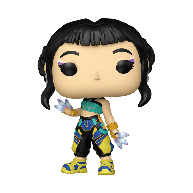 Funko Pop KPop Demon Hunters Zoey vinyl figure holding crystal daggers and wearing a teal cropped top with black and yellow pants