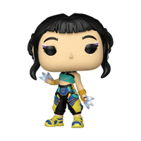 Funko Pop KPop Demon Hunters Zoey vinyl figure holding crystal daggers and wearing a teal cropped top with black and yellow pants