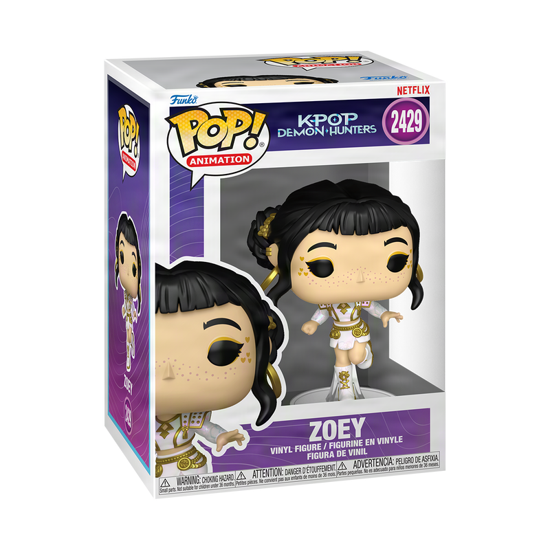 Official Funko POP! KPop Demon Hunters Zoey #2429 vinyl collectible with stylized character design.