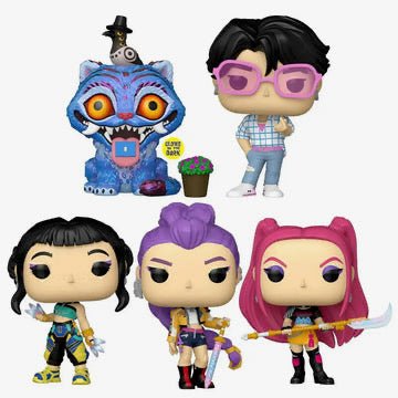Funko POP KPop Demon Hunters case of five vinyl figures featuring colorful demon hunter characters and accessories