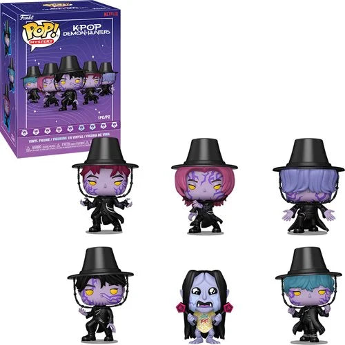 Funko Pop! Vinyl Figures K-POP Demolishers series 2024 edition, featuring six different stylized zombie characters wearing black hats, displayed alongside their purple product packaging box.