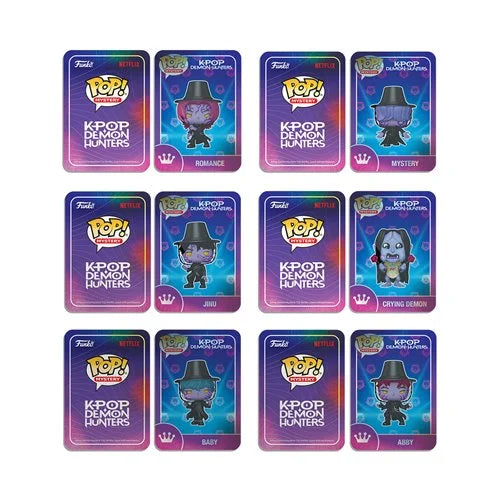 A 12-pack grid of Funko Pop! K-Pop Demon Hunters vinyl figures, featuring characters Romance, Mysterious, Jaxi, and Crybaby on purple and blue holographic cardback packaging.