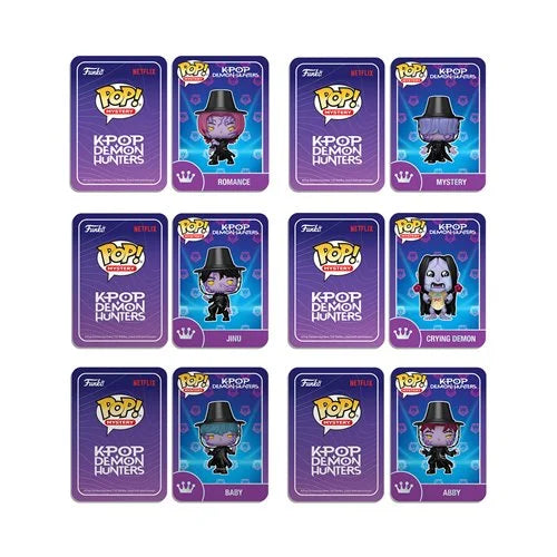 A set of 12 Funko Pop! K-Pop Demon Hunters figure cards arranged in a 3x4 grid on a plain white background. Each card features a different K-pop character with a purple and blue gradient background, and the Funko Pop! branding is clearly visible.