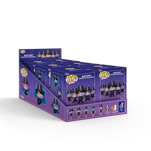 A display box of Funko Pop! K-POP saja boys figurines, showing multiple mini figures inside a purple-themed retail display box on a white background.