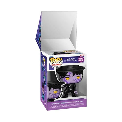 Funko Pop! Television K-Pop: jinu vinyl figure in its original open packaging, featuring a purple-skinned character in a black top hat and suit.