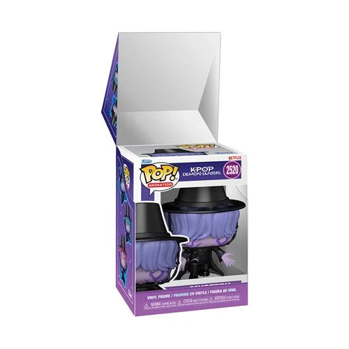 Funko Pop! Television K-POP: mystery vinyl figure in its original open packaging, featuring a purple-haired character in a black top hat against a white background.