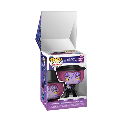 Funko Pop! Television K-POP: romance vinyl figure in its original open display box, featuring a purple-haired character in a black top hat.