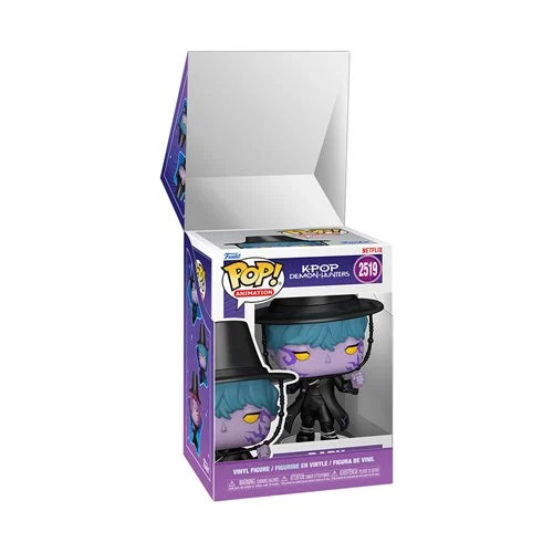 Funko Pop! Television K-pop: baby vinyl figure in its original open display box, featuring a purple-haired character in a black outfit and hat.