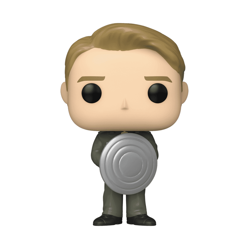 Funko Pop! vinyl figure of a man with light brown hair, wearing a dark gray suit and holding a silver circular shield, isolated on a white background.