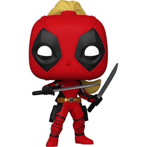 Deadpool action figure with a sword on a white background