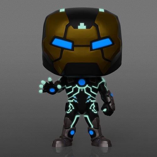 Glowing superhero figure with blue and green lights on a gray background