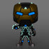 Glowing superhero figure with blue and green lights on a gray background