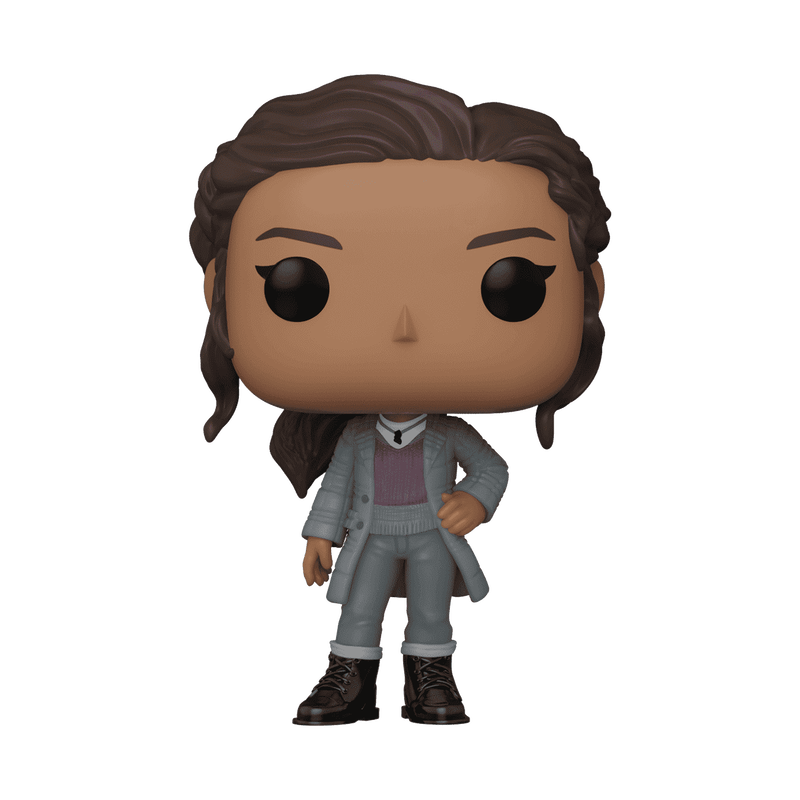 A Funko Pop! vinyl figure of a woman with brown hair, wearing a gray coat over a purple sweater, gray pants, and black boots, shown against a plain white background.