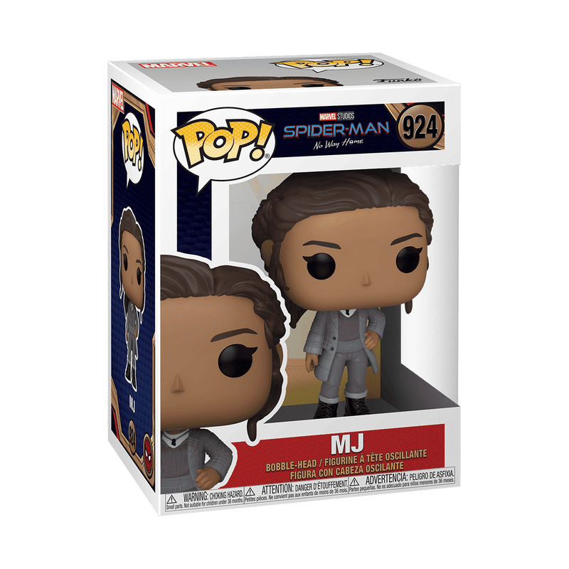 Funko Pop! Marvel's Spider-Man No. 924 MJ vinyl figure in its original window box packaging, featuring MJ with dark brown hair and a gray suit.
