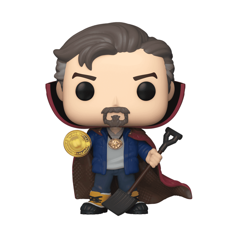A Funko Pop! vinyl figure of a detective version of Doctor Strange, featuring a beige skin tone, brown hair and beard, a blue jacket over a white shirt, a dark red and brown cape, and holding a gold medallion and a shovel.