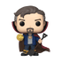 A Funko Pop! vinyl figure of a detective version of Doctor Strange, featuring a beige skin tone, brown hair and beard, a blue jacket over a white shirt, a dark red and brown cape, and holding a gold medallion and a shovel.
