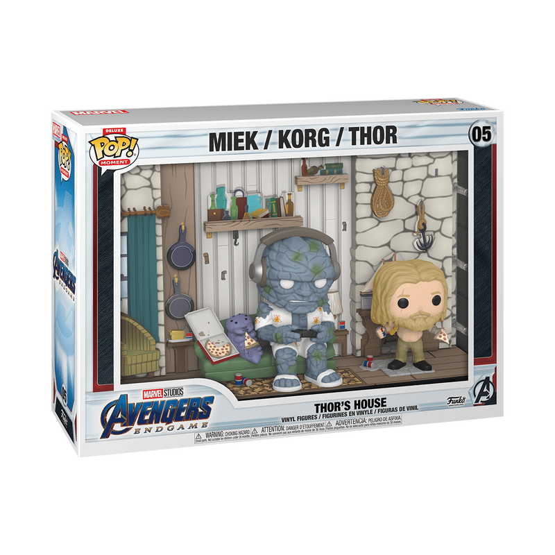 Funko Pop! Movies Avengers: Endgame vinyl figure set of Miek, Korg, and Thor in Thor's House, shown in its original window box packaging against a white background.