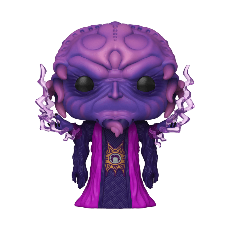 Purple alien figurine with a detailed head and robe on a white background