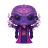 Purple alien figurine with a detailed head and robe on a white background