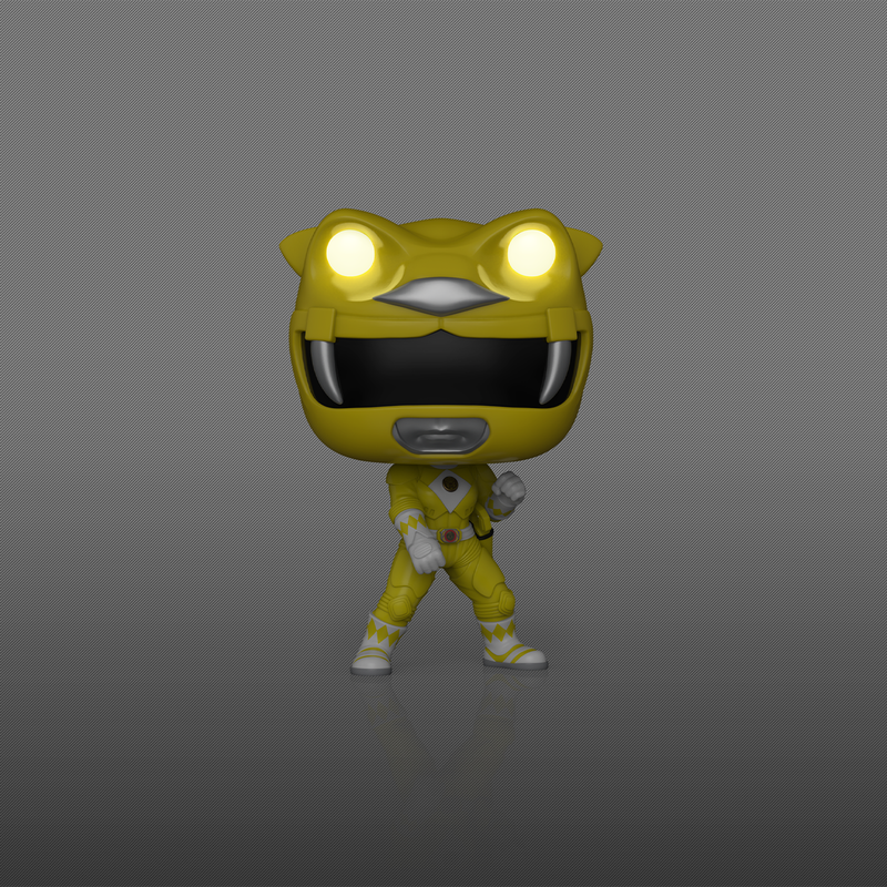 Yellow superhero figure with glowing eyes on a dark background